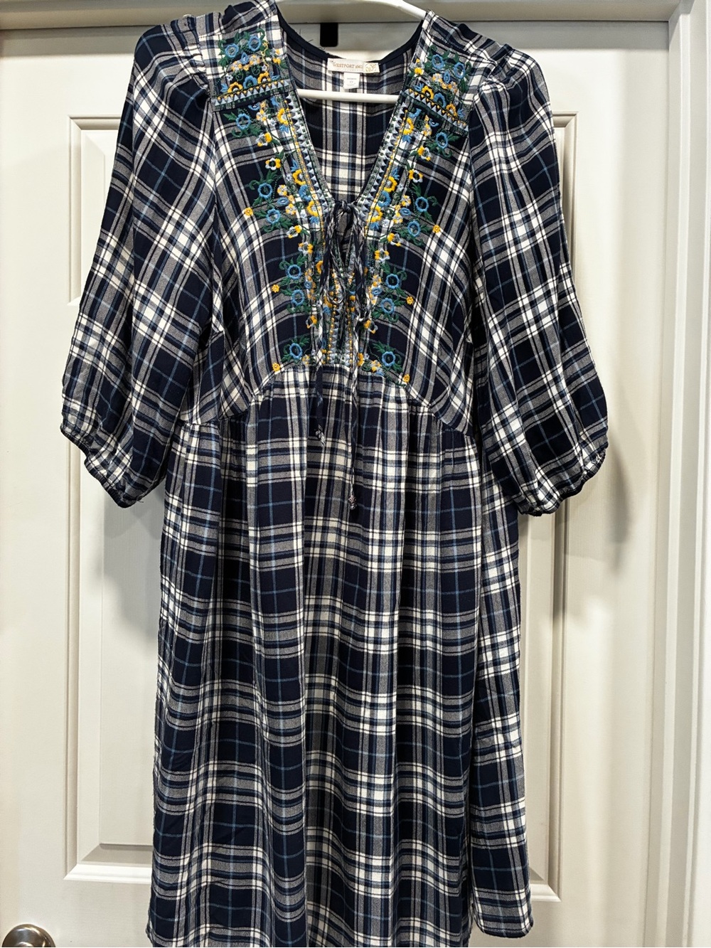 Westport Navy & White Plaid Embroidered V-Neck Midi Dress